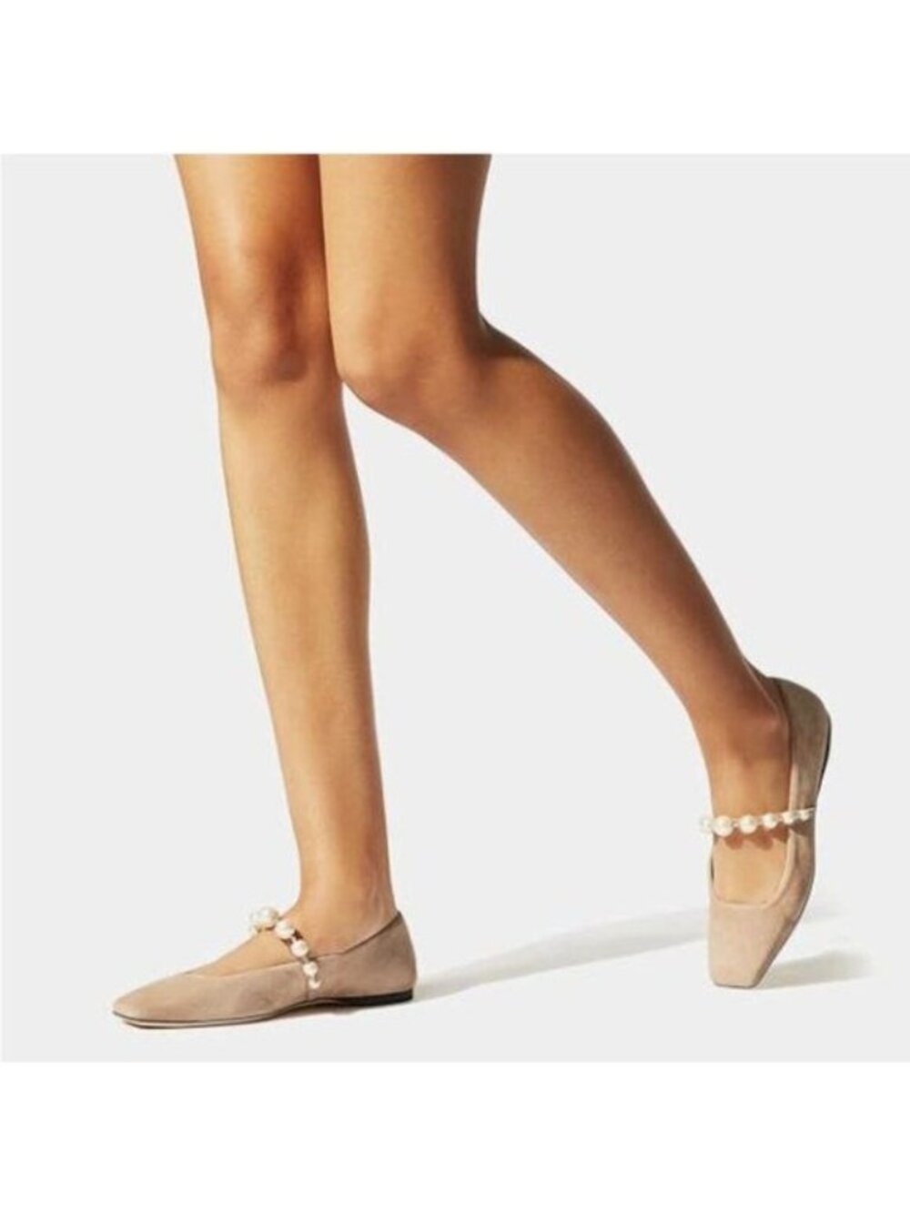 FOWT Nude Square Toe Slip on Flats Pearl Studded Strap Pumps Wedding Shoes